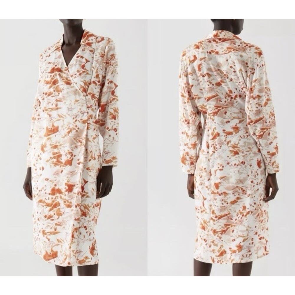 NWT COS Wrap Dress US 4 White Orange Watercolor Print Tencel Midi Button Detail